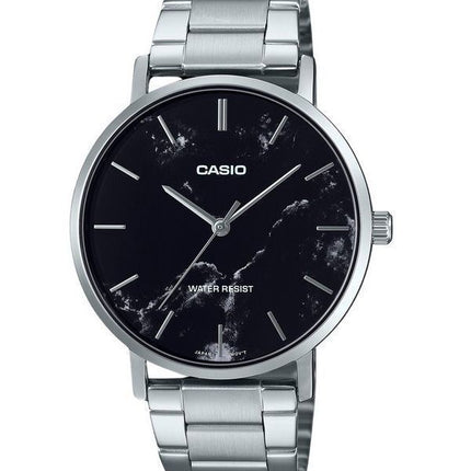 Casio Standard Analog Edelstahl Marmor inspiriert schwarzes Zifferblatt Quarz MTP-VT01DM-1A Herrenuhr