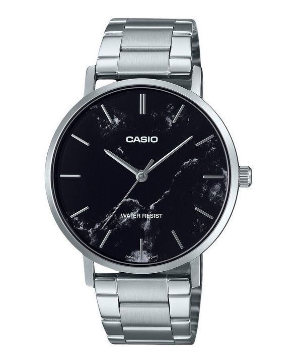 Casio Standard Analog Edelstahl Marmor inspiriert schwarzes Zifferblatt Quarz MTP-VT01DM-1A Herrenuhr