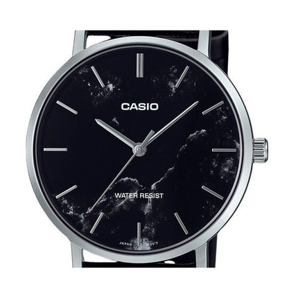 Casio Standard Analog schwarzes Lederarmband Marmor inspiriertes schwarzes Zifferblatt Quarz MTP-VT01LM-1A Herrenuhr