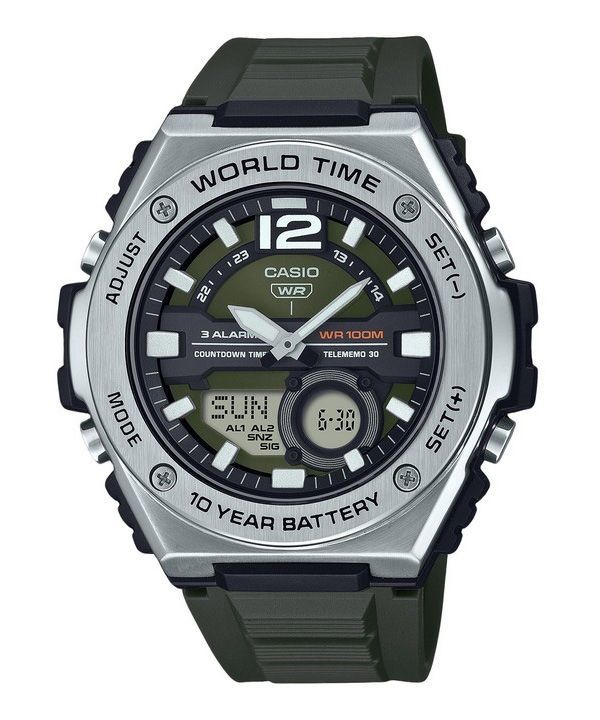 Casio Standard Analog Digital Harzarmband, grünes Zifferblatt, Quarz MWQ-100-3AV 100M Herrenuhr