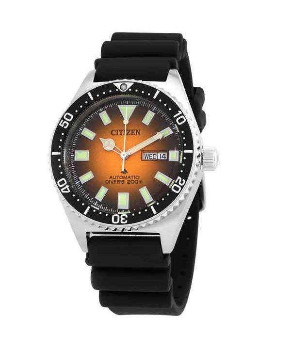 Citizen Promaster Marine Kautschukarmband, orangefarbenes Zifferblatt, automatische Taucheruhr NY0120-01Z 200M, Herrenuhr