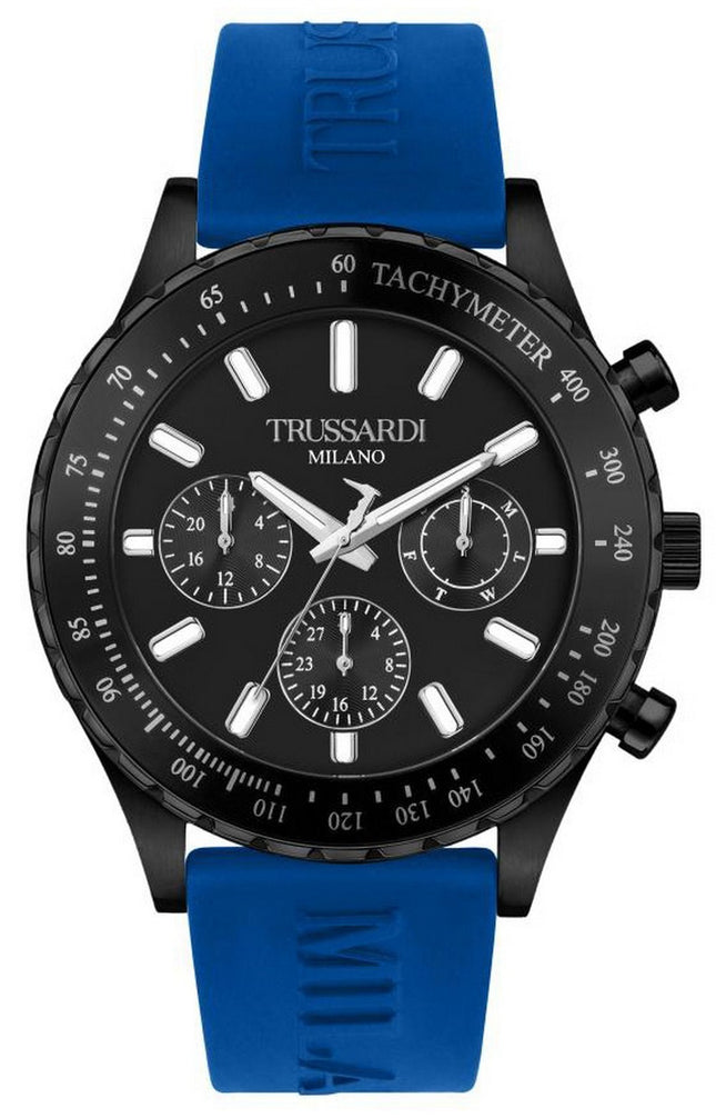 Trussardi T-Logo Tachymeter Schwarzes Zifferblatt Silikonarmband Quarz R2451148001 Herrenuhr