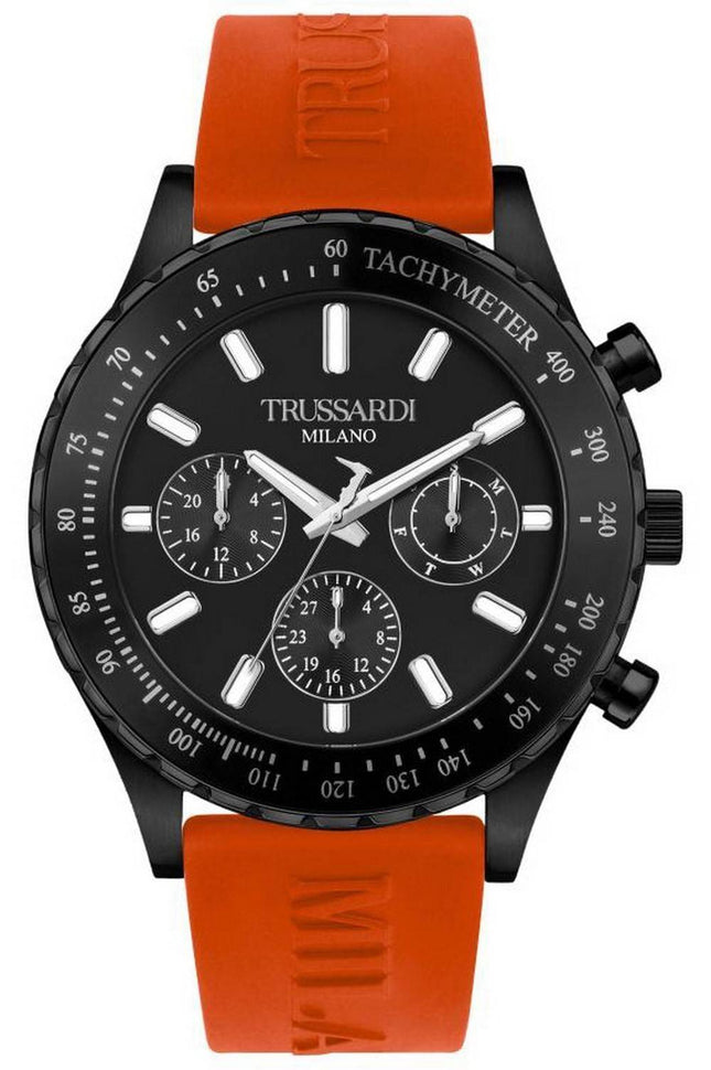 Trussardi T-Logo Tachymeter Schwarzes Zifferblatt Silikonarmband Quarz R2451148003 Herrenuhr