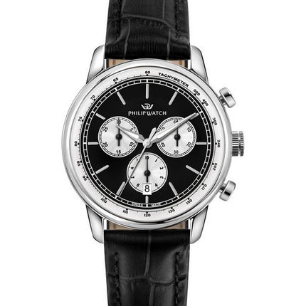 Philip Watch Anniversary Chronograph, Lederarmband, schwarzes Zifferblatt, Quarz, R8271650002, 100 m, Herrenuhr