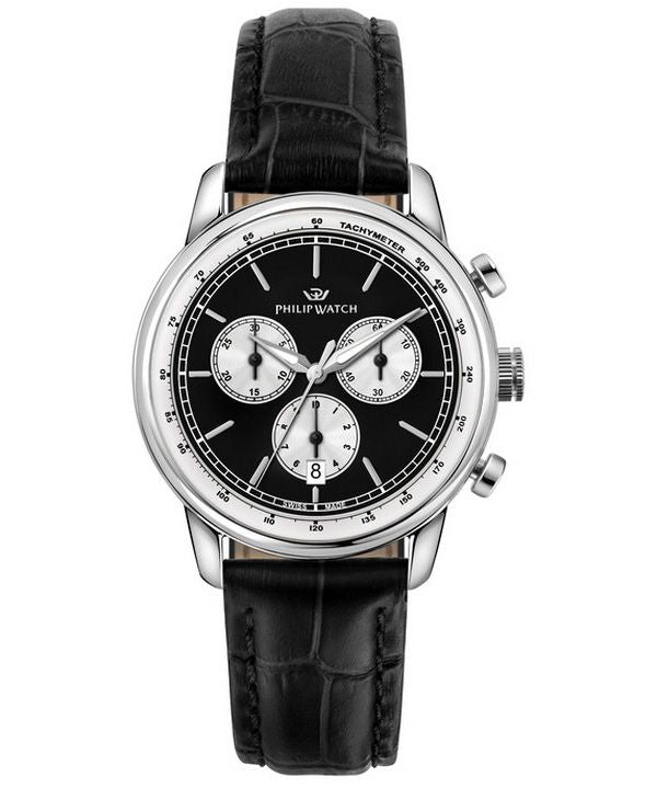 Philip Watch Anniversary Chronograph, Lederarmband, schwarzes Zifferblatt, Quarz, R8271650002, 100 m, Herrenuhr