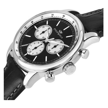 Philip Watch Anniversary Chronograph, Lederarmband, schwarzes Zifferblatt, Quarz, R8271650002, 100 m, Herrenuhr