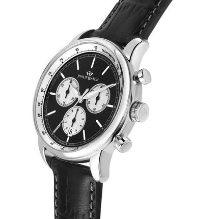 Philip Watch Anniversary Chronograph, Lederarmband, schwarzes Zifferblatt, Quarz, R8271650002, 100 m, Herrenuhr