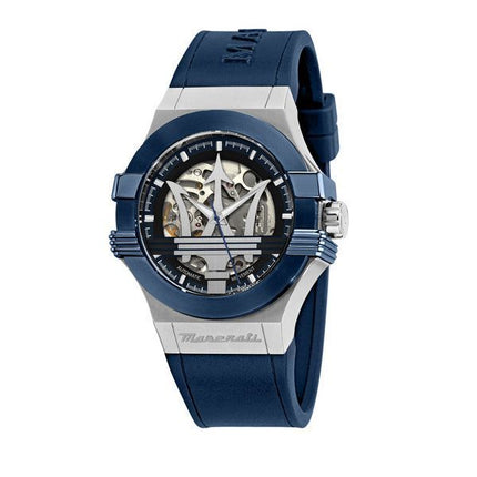 Maserati Potenza, blaues Kautschukarmband, silbernes Skelett-Zifferblatt, automatische Herrenuhr R8821108035, 100 m