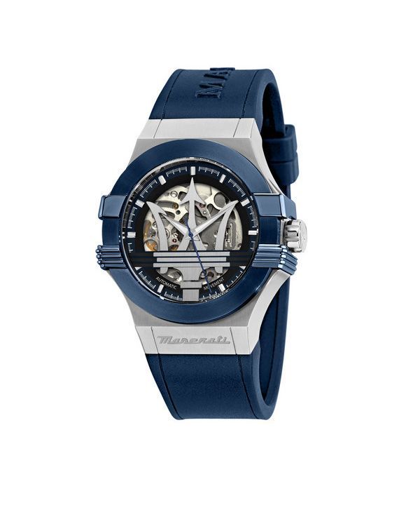 Maserati Potenza, blaues Kautschukarmband, silbernes Skelett-Zifferblatt, automatische Herrenuhr R8821108035, 100 m