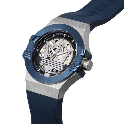 Maserati Potenza, blaues Kautschukarmband, silbernes Skelett-Zifferblatt, automatische Herrenuhr R8821108035, 100 m