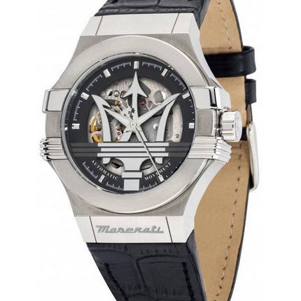 Maserati Potenza Lederarmband, Skelett, schwarzes Zifferblatt, Automatik, R8821108038, 100 m, Herrenuhr