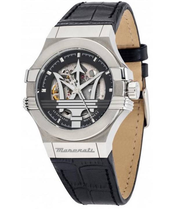 Maserati Potenza Lederarmband, Skelett, schwarzes Zifferblatt, Automatik, R8821108038, 100 m, Herrenuhr