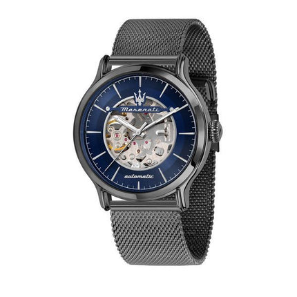 Maserati Epoca Edelstahl-Mesh-Armband, blaues Skelett-Zifferblatt, Automatik, R8823118012, 100 m, Herrenuhr