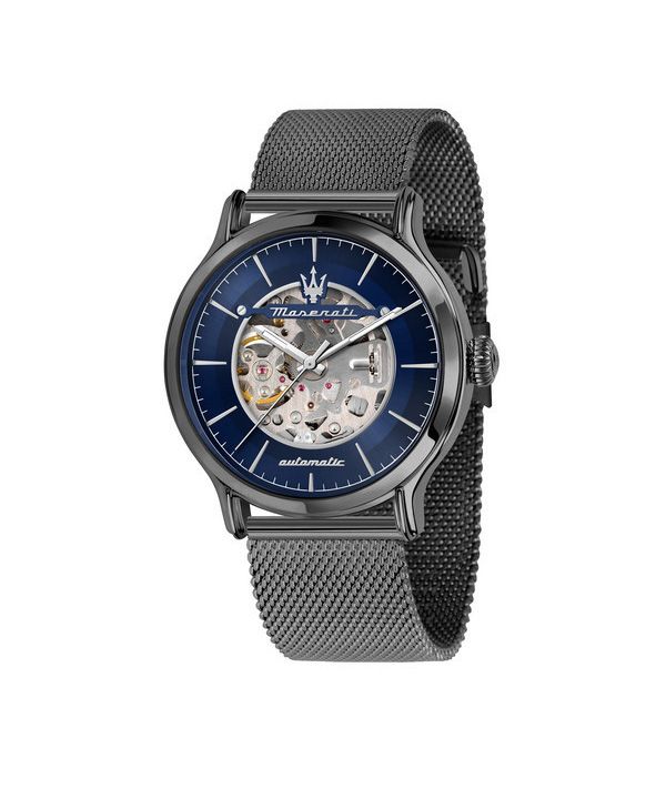 Maserati Epoca Edelstahl-Mesh-Armband, blaues Skelett-Zifferblatt, Automatik, R8823118012, 100 m, Herrenuhr