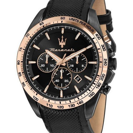 Maserati Traguardo Chronograph Lederband schwarzes Zifferblatt Quarz R8871612036 100M Herrenuhr