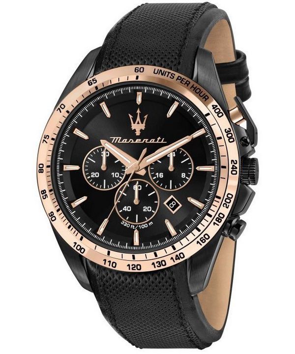 Maserati Traguardo Chronograph Lederband schwarzes Zifferblatt Quarz R8871612036 100M Herrenuhr