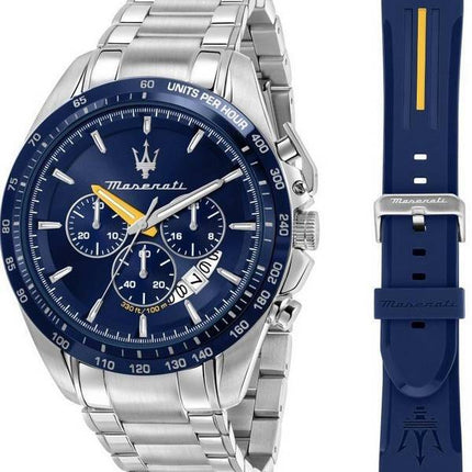 Maserati Modena Edition Chronograph Edelstahl blaues Zifferblatt Quarz R8871612039 100M Herrenuhr Geschenkset