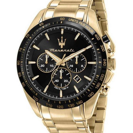 Maserati Traguardo Chronograph Goldton Edelstahl Schwarzes Zifferblatt Quarz R8873612041 100M Herrenuhr