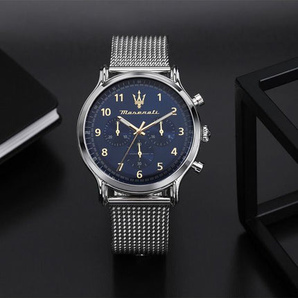 Maserati Epoca Limited Edition Chronograph, Edelstahlgeflecht, blaues Zifferblatt, Quarz, R8873618022, 100 m, Herrenuhr