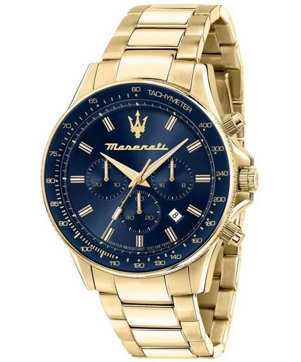 Maserati Sfida Chronograph Goldton Edelstahl Blau Zifferblatt Quarz R8873640008 100M Herrenuhr