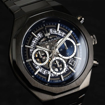 Maserati Stile Chronograph, Edelstahl, blaues Skelett-Zifferblatt, Quarz, R8873642012, 100 m, Herrenuhr