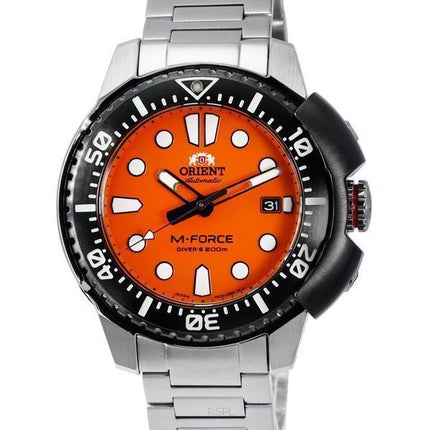 Orient M-Force AC0L Sport-Armbanduhr aus Edelstahl mit orangefarbenem Zifferblatt und Automatik-Taucheruhr RA-AC0L08Y00B 200M