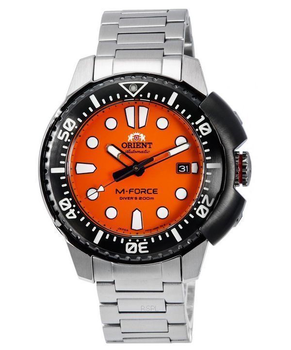 Orient M-Force AC0L Sport-Armbanduhr aus Edelstahl mit orangefarbenem Zifferblatt und Automatik-Taucheruhr RA-AC0L08Y00B 200M