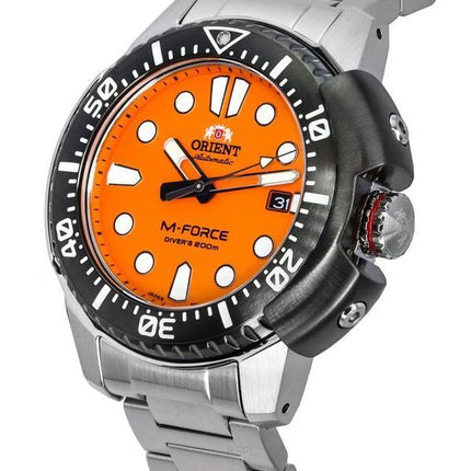 Orient M-Force AC0L Sport-Armbanduhr aus Edelstahl mit orangefarbenem Zifferblatt und Automatik-Taucheruhr RA-AC0L08Y00B 200M