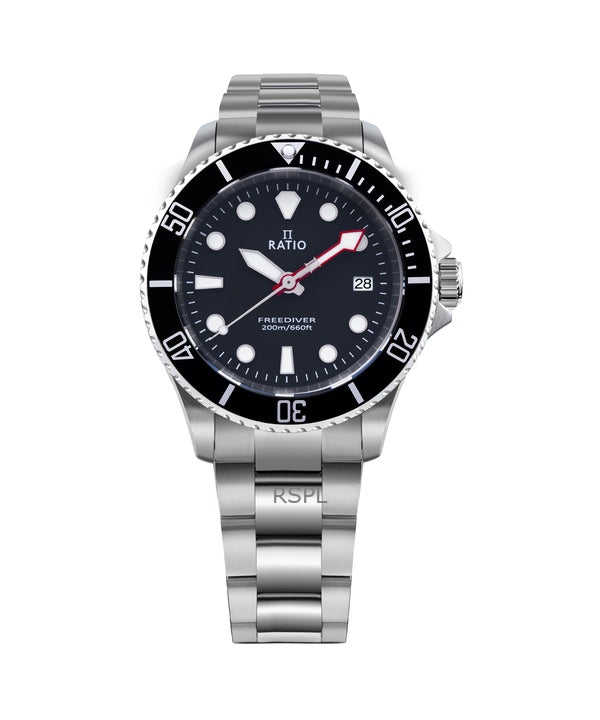 Ratio FreeDiver Saphir Edelstahl schwarzes Zifferblatt Quarz RTF031 200M Herrenuhr