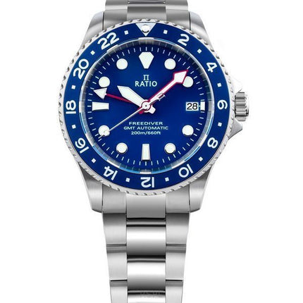 Ratio FreeDiver GMT-Serie Saphir Edelstahl blaues Zifferblatt Automatik RTF053 200M Herrenuhr