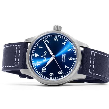 Ratio Skysurfer Pilot Blue Sunray Zifferblatt Leder Automatik RTS302 200M Herrenuhr