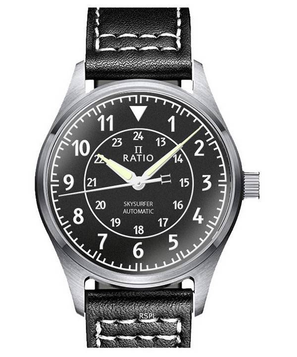 Ratio Skysurfer Pilot Schwarzes strukturiertes Zifferblatt Leder Automatik RTS310 200M Herrenuhr