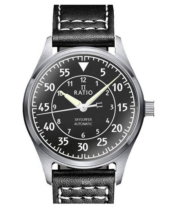 Ratio Skysurfer Pilot Schwarzes strukturiertes Zifferblatt Leder Automatik RTS320 200M Herrenuhr