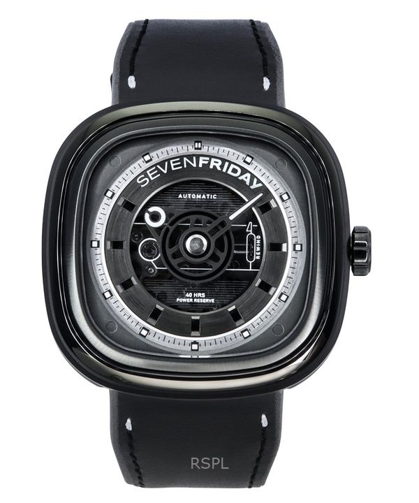 Sevenfriday T-Serie NFC-fähiges Lederarmband schwarzes Skelett-Zifferblatt Automatik T1/04 SF-T1-04 Herrenuhr