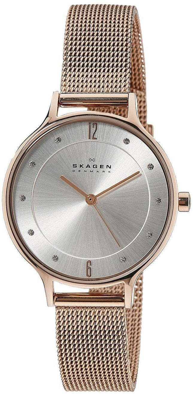 Skagen-Anita Silber Zifferblatt Crystal Rose Gold-Ton Mesh Bracelet SKW2151 Damenuhr