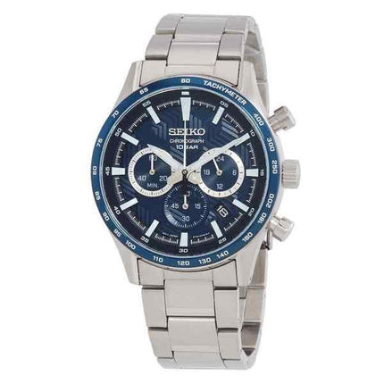 Seiko Sports Chronograph Edelstahl blaues Zifferblatt Quarz SSB445P1 100M Herrenuhr