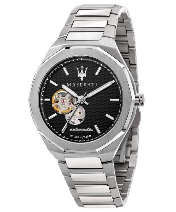 Überholte Maserati Stile Open Heart schwarzes Zifferblatt Edelstahl Automatik R8823142002 100M Herrenuhr