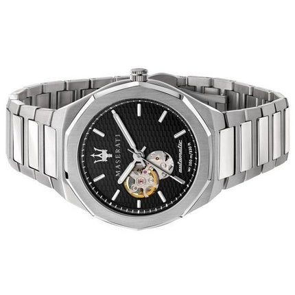 Überholte Maserati Stile Open Heart schwarzes Zifferblatt Edelstahl Automatik R8823142002 100M Herrenuhr