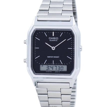 Überholte Casio Vintage Analog-Digital-Edelstahl-Quarzuhr mit schwarzem Zifferblatt AQ-230A-1DHDF für Unisex