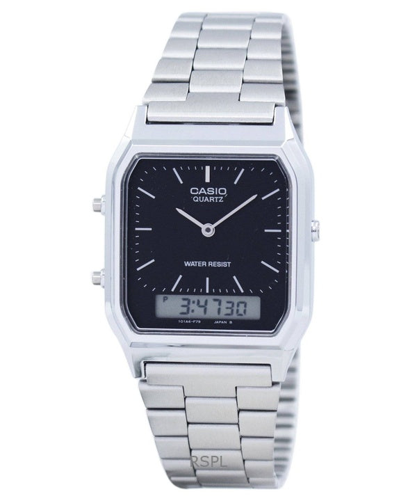 Überholte Casio Vintage Analog-Digital-Edelstahl-Quarzuhr mit schwarzem Zifferblatt AQ-230A-1DHDF für Unisex