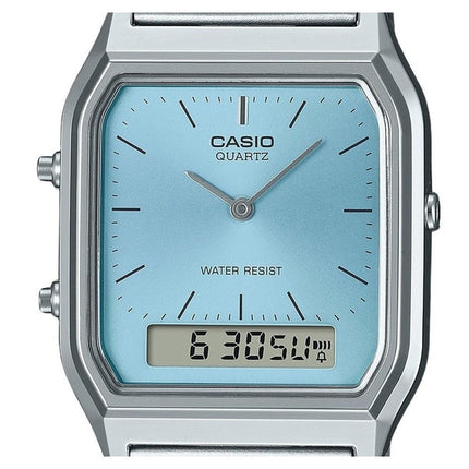 Überholte Casio Vintage Analog-Digital-Quarzuhr aus Edelstahl mit türkisem Zifferblatt AQ-230A-2A1 für Unisex