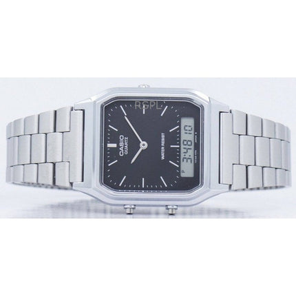 Überholte Casio Vintage Analog-Digital-Edelstahl-Unisex-Armbanduhr mit schwarzem Zifferblatt AQ-230A-1DHDF