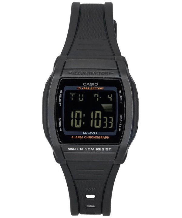 Casio Digital Sports Harzarmband mit schwarzem Zifferblatt und Quarzwerk W-201-1B Herrenuhr