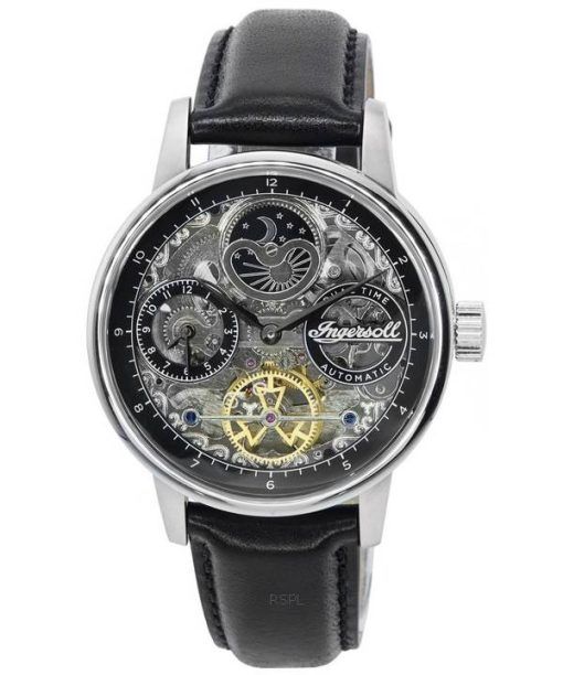 Ingersoll The Jazz Sun and Moon Phase Lederarmband Skelett Silber Zifferblatt Automatik I07701 Herrenuhr