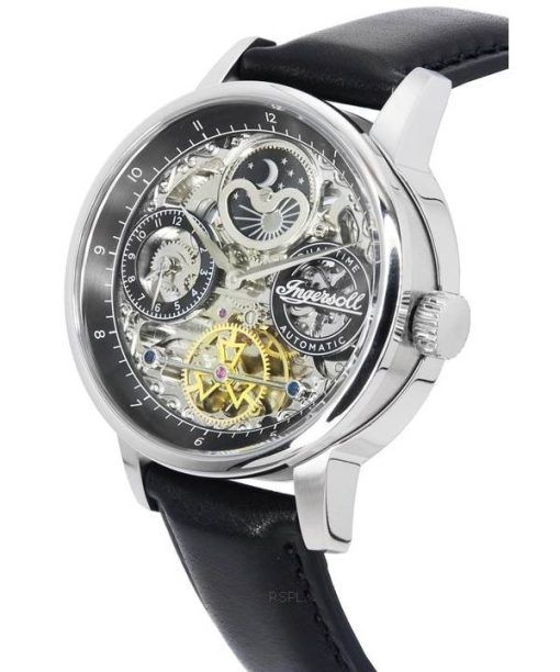 Ingersoll The Jazz Sun and Moon Phase Lederarmband Skelett Silber Zifferblatt Automatik I07701 Herrenuhr