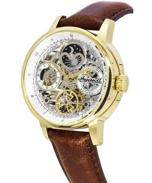 Ingersoll The Jazz Moon Phase Lederarmband Skelett Gold Zifferblatt Automatik I07704 Herrenuhr