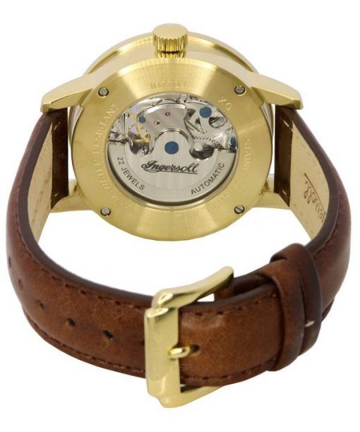 Ingersoll The Jazz Moon Phase Lederarmband Skelett Gold Zifferblatt Automatik I07704 Herrenuhr