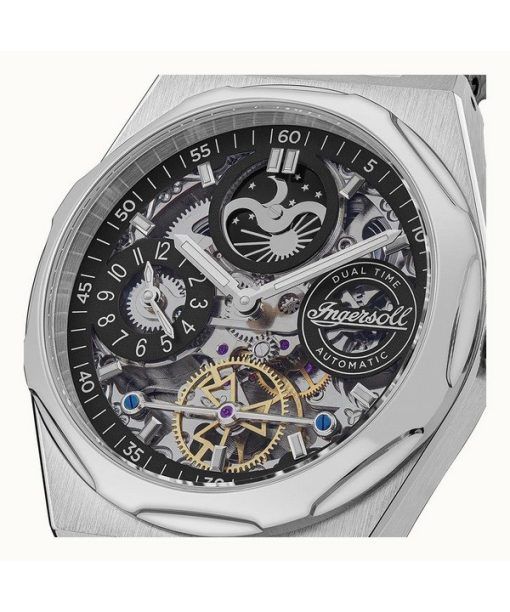 Ingersoll The Broadway Dual Time Automatik-Herrenuhr I12903 mit schwarzem Skelett-Zifferblatt