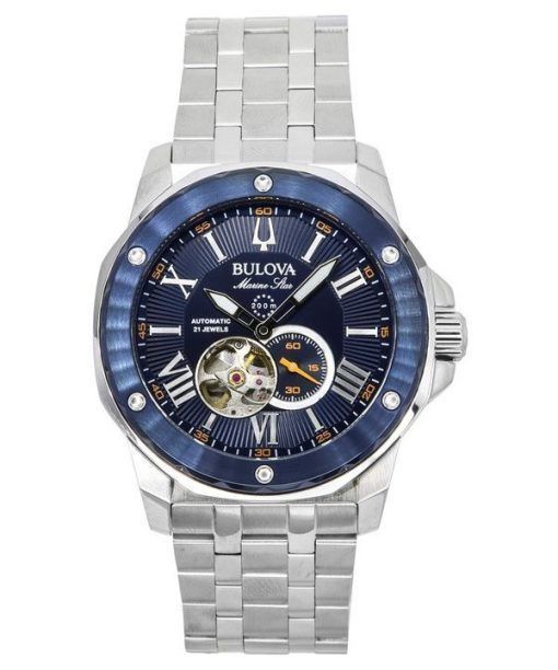 Bulova Marine Star Edelstahl Open Heart blaues Zifferblatt Automatik 21 Juwelen 98A302 200M Herrenuhr