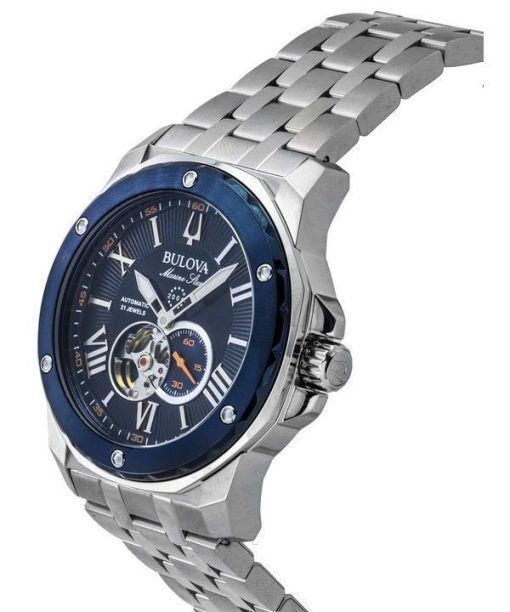 Bulova Marine Star Edelstahl Open Heart blaues Zifferblatt Automatik 21 Juwelen 98A302 200M Herrenuhr